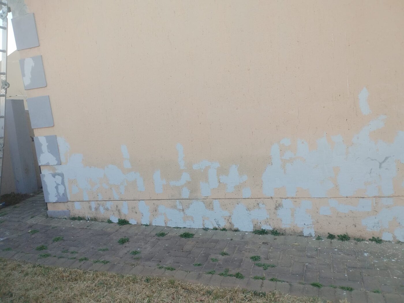 Exterior wall patched and primed before a professional paint finish.