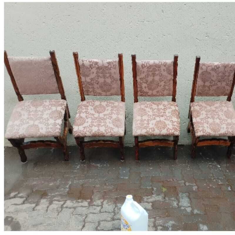Dining chairs lined up after professional outdoor upholstery cleaning.